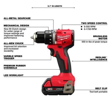 Open Box -  Milwaukee M18 18V Lithium-Ion Brushless Cordless 1/2 in. Compact Drill/Driver Kit with Two 2.0 Ah Batteries, Charger and Case MilwaukeeBullseye Deals