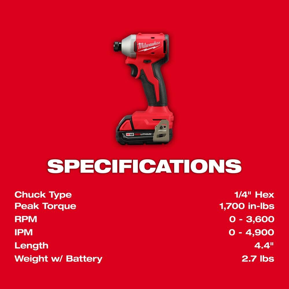 Open Box -  Milwaukee M18 18V Lithium-Ion Brushless Cordless 1/4 in. Impact Driver Kit with Two 2.0 Ah Batteries and Charger MilwaukeeBullseye Deals