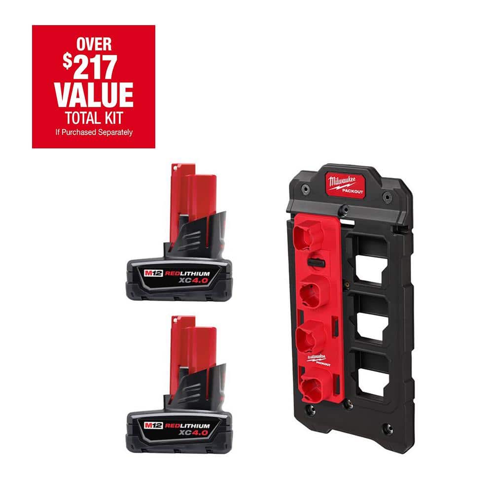 Open Box -  Milwaukee M12 12V Lithium-Ion XC Extended Capacity 4.0 Ah Battery 2-Pack w/PACKOUT Compact Wall Plate & M12 Battery Rack