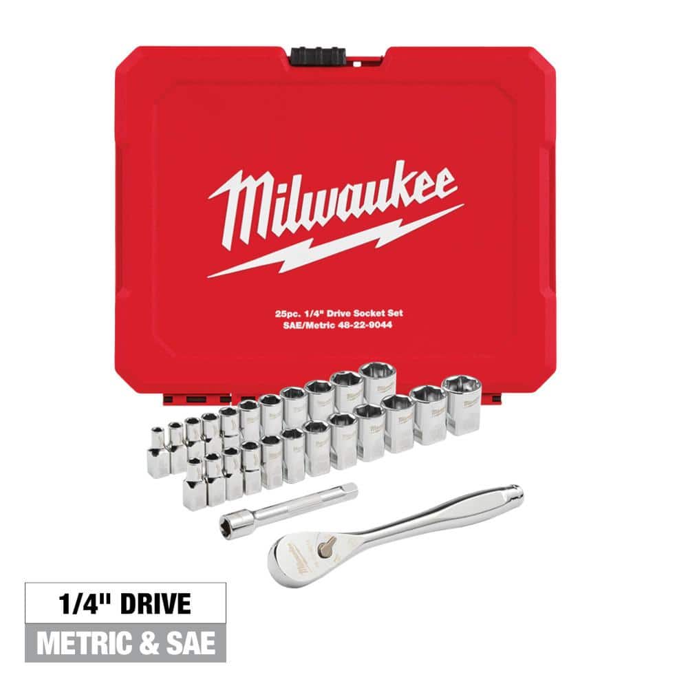 Open Box -  Milwaukee 1/4  Drive Metric And Sae Ratchet/socket 25Pc Set With Four Flat Sides MilwaukeeBullseye Deals