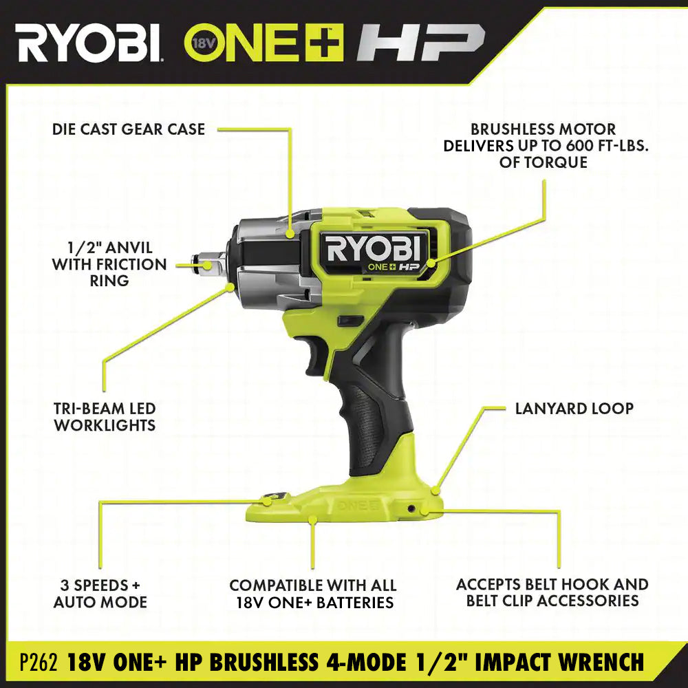 Open Box -  RYOBI ONE+ HP 18V Brushless Cordless 4-Mode 1/2 in. Impact Wrench (Tool Only)