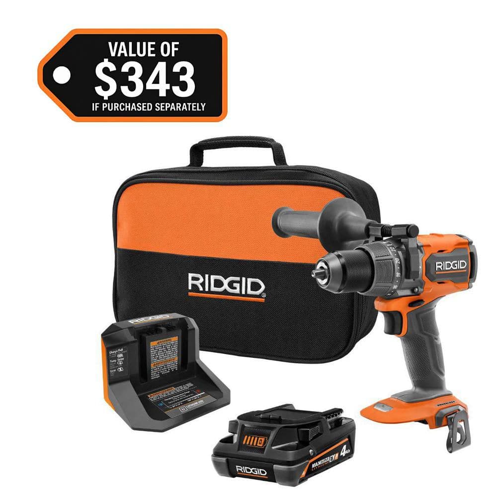 Open Box -  18V Brushless Cordless 1/2 in. Hammer Drill/Driver Kit with 4 Ah MAX Output EXP Battery, Charger, and Tool Bag RIDGIDBullseye Deals