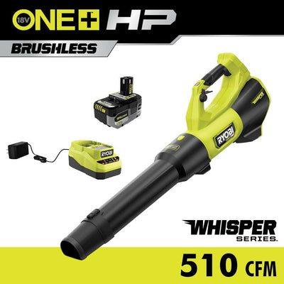 Used - Ryobi ONE+ HP 18V Brushless Whisper Series 130 MPH 510 CFM Cordless Battery Leaf Blower with 6.0 Ah Battery and Charger