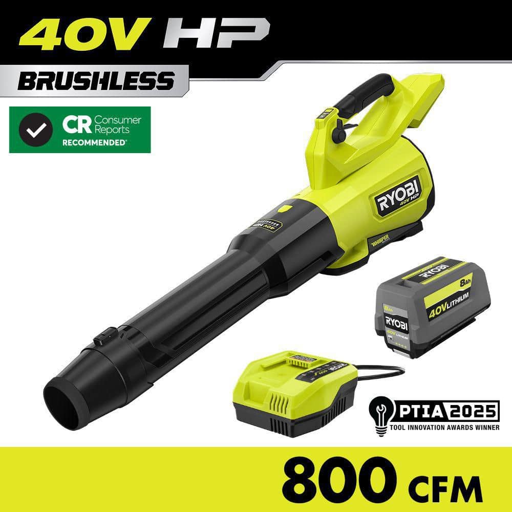 Open Box -  Ryobi 40V HP Brushless Whisper Series 180 MPH 800 CFM Cordless Battery Leaf Blower with 8.0 Ah Battery and Charger