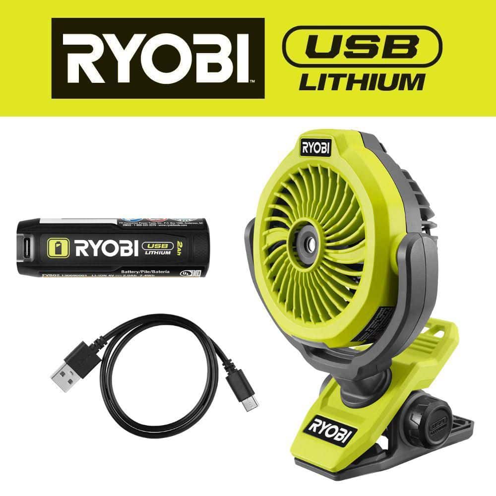 Open Box -  Ryobi USB Lithium Cordless Misting Clamp Fan Kit with USB Lithium 2Ah Battery and Charging Cable