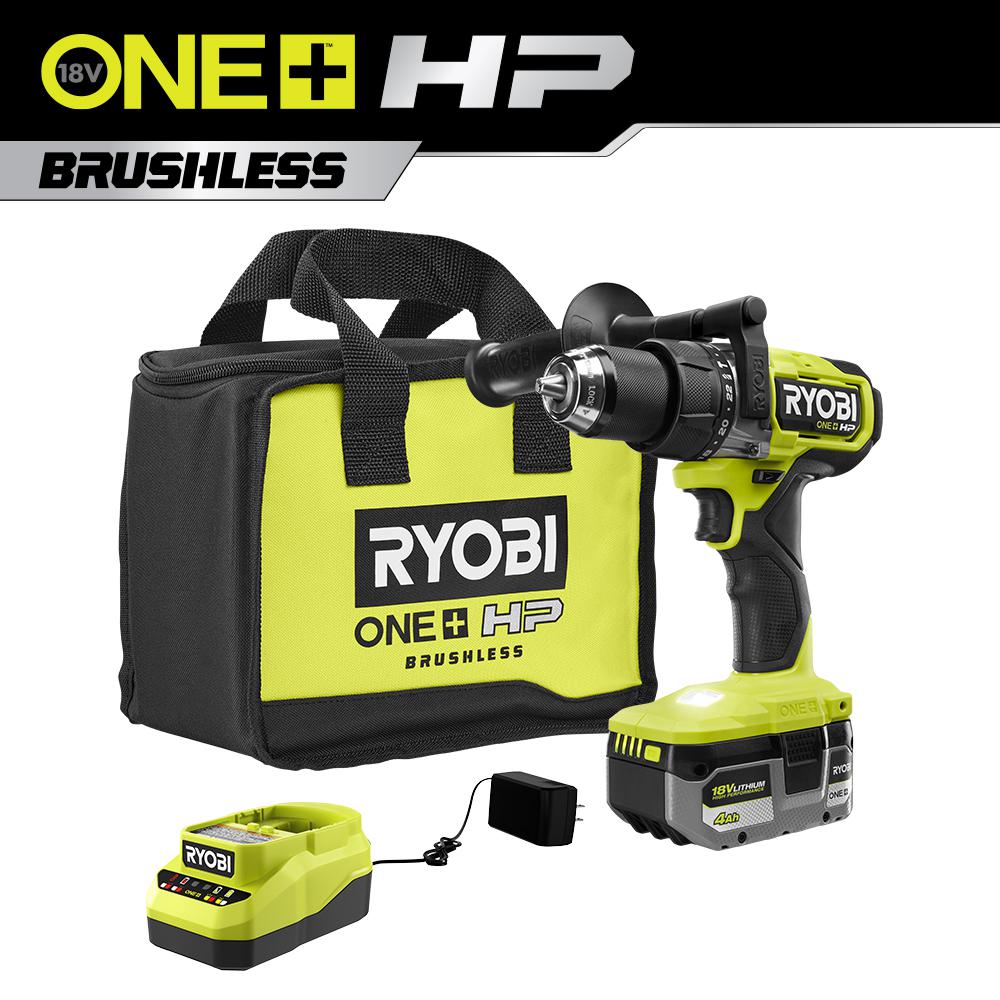 Open Box - RYOBI ONE+ HP 18V Brushless Cordless 1/2 in. Hammer Drill Kit with (1) 4.0 Ah High Performance Battery, Charger, and Tool Bag RYOBIBullseye Deals