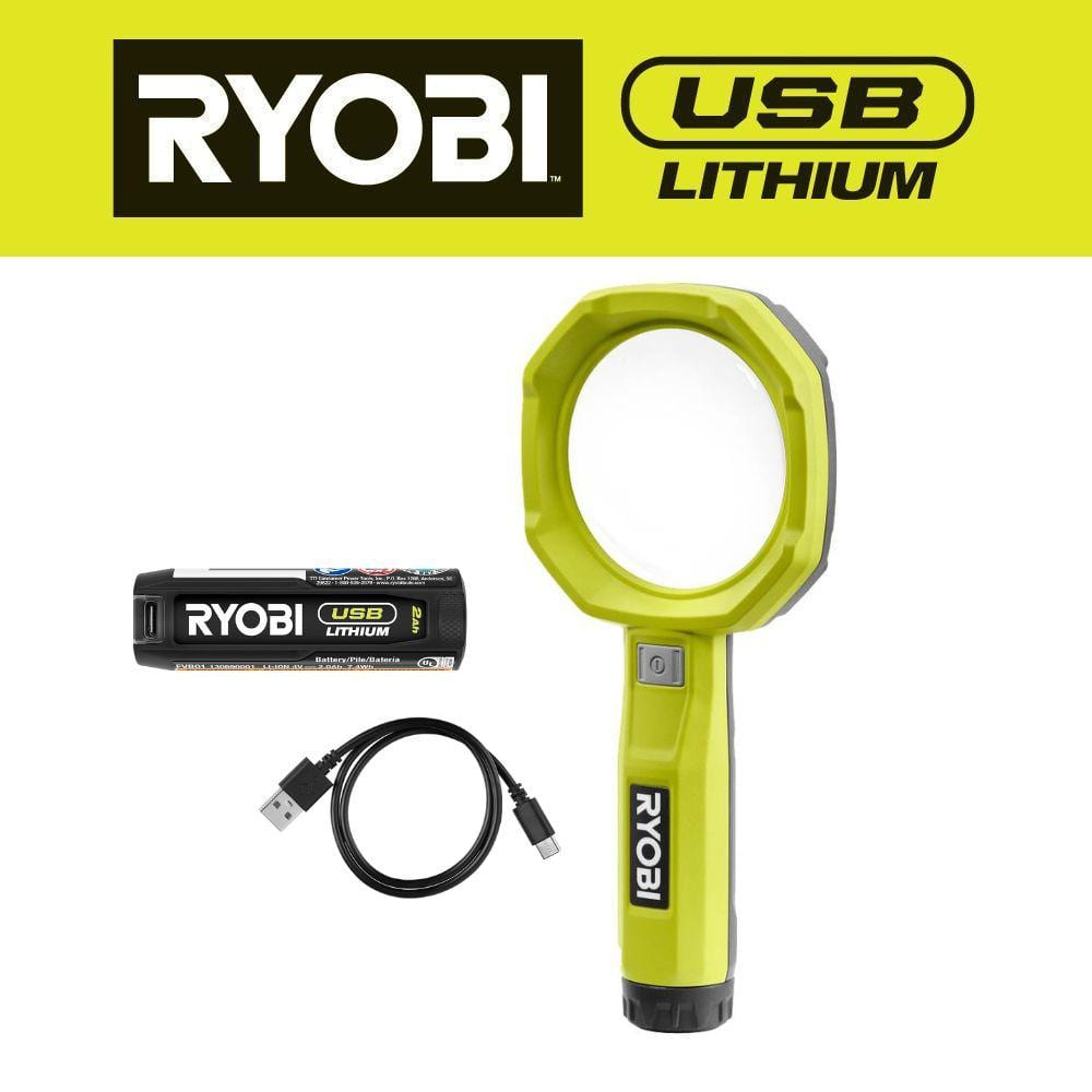 Open Box -  Ryobi USB Lithium 200 Lumens Magnifying Light Kit with 2.0 Ah Battery and USB Charging Cable