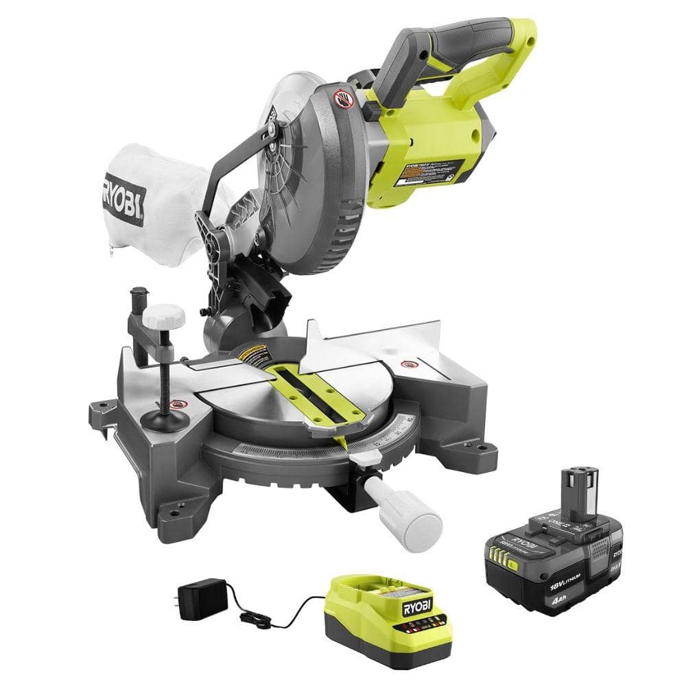 Open Box -  RYOBI 18V ONE+ Cordless 7-1/4 in. Compound Miter Saw with 4.0 Ah Lithium-Ion Battery and 18V Charger RYOBIBullseye Deals