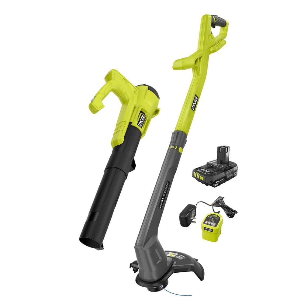 Open Box -  RYOBI 1+ 18-Volt Cordless Electric String Trimmer/Edger and Blower Combo Kit (2-Tools) with 2.0 Ah Battery and Charger
