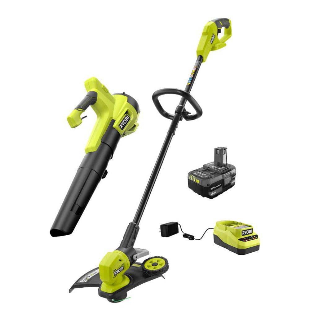 Open Box -  RYOBI ONE+ 18V Cordless Battery String Trimmer/Edger and Jet Fan Blower Combo Kit (2-Tools) with 4.0 Ah Battery and Charger