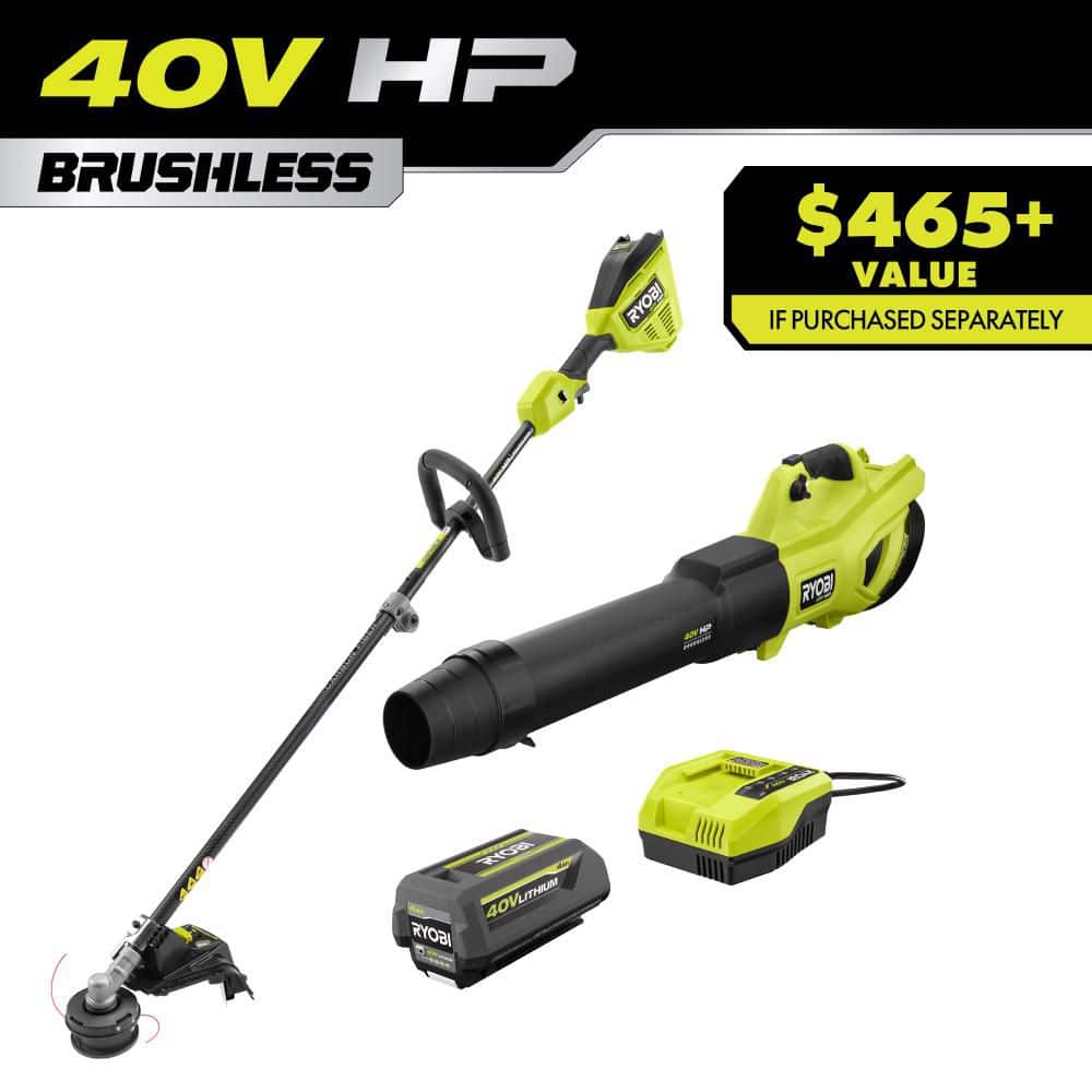 Open Box -  Ryobi 40V HP Brushless 650 CFM 160 MPH Cordless Leaf Blower and Carbon Fiber String Trimmer with 4Ah Battery and Charger