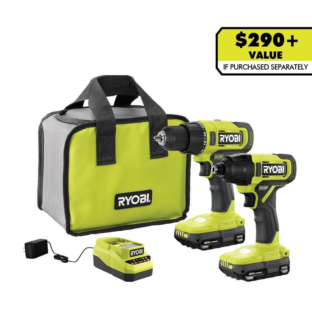 RYOBI ONE+ 18V Cordless 2-Tool Combo Kit with Drill/Driver  Impact Driver  (2) 1.5 Ah Batteries  and Charger