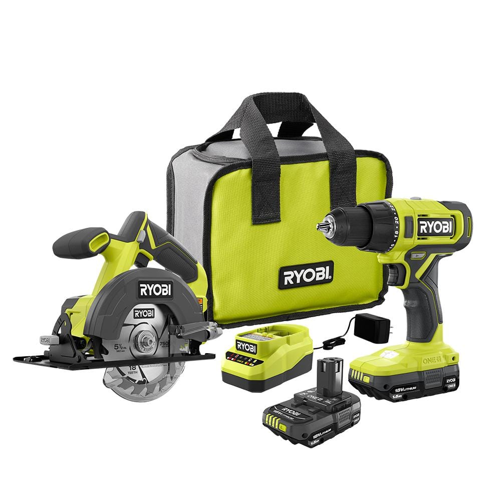 Open Box -  RYOBI ONE+ 18V Cordless 2-Tool Combo Kit with Drill/Driver, Circular Saw, (2) 1.5 Ah Batteries, and Charger