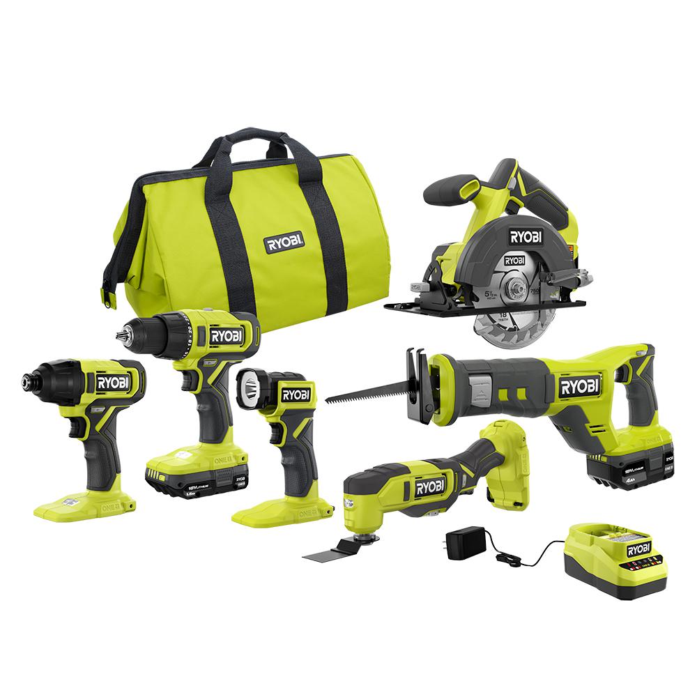 Open Box -  RYOBI ONE+ 18V Cordless 6-Tool Combo Kit with 1.5 Ah Battery, 4.0 Ah Battery, and Charger RYOBIBullseye Deals